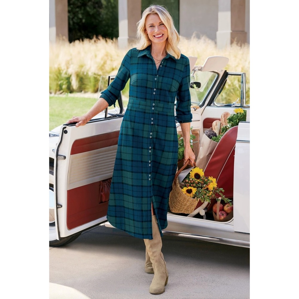 Soft Surroundings Had Me At Plaid Shirtdress Midi Navy Blue Green Petite Large